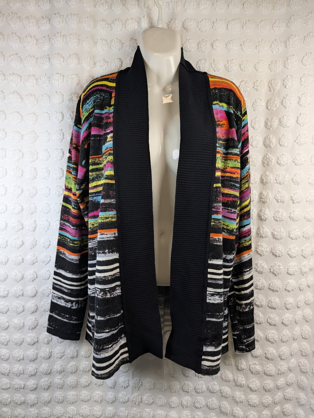 RED Abstract Brushstroke Shawl Collar Cardigan Rainbow Knit Sweater Size XL